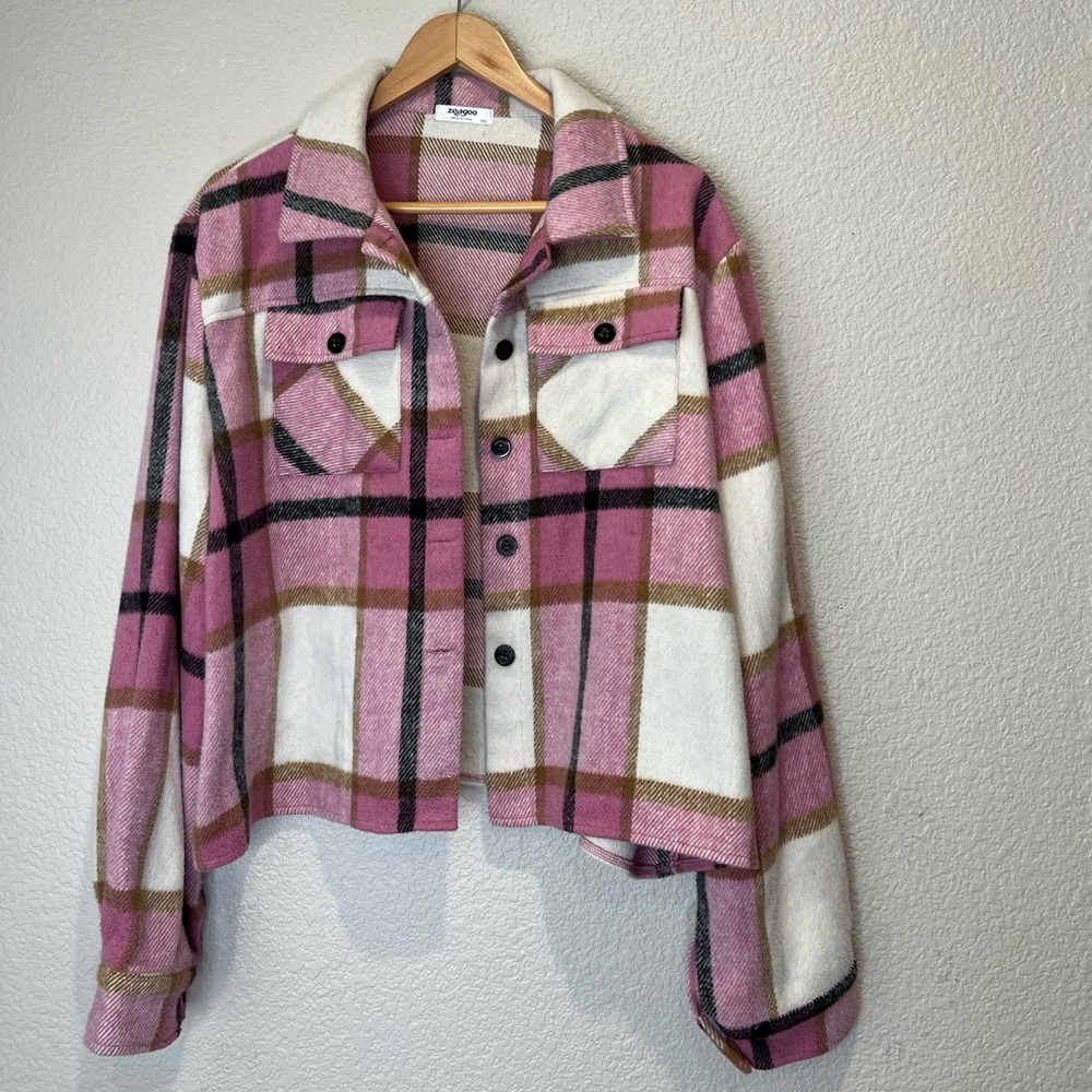 Zeagoo Fleece Pink Plaid Cropped Jacket, XXL